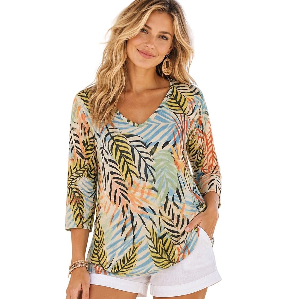 Tahari Tropical Knit Top Womens Size 1X Multicolor Palm Hawaiian Aloha Beachy